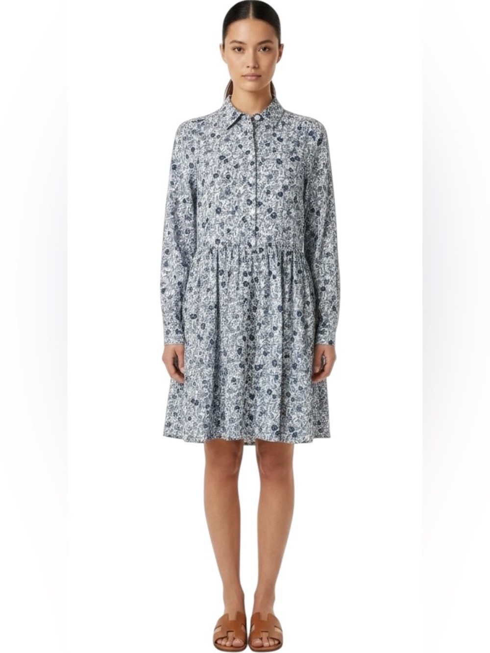 J. Crew Blue & White Floral Collared Shirt Dress Sz 4 100% Cotton Long Sleeve